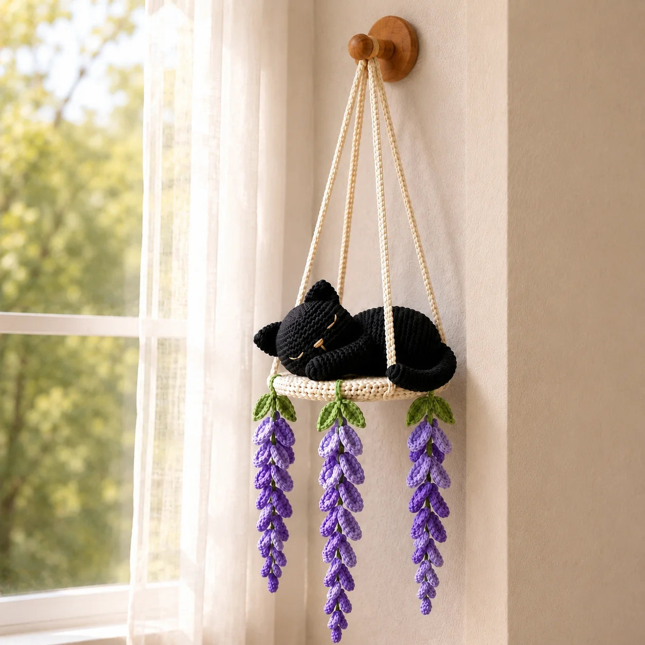 Midnight Lavender Dream - Crochet Black Cat Wisteria Swing Decor