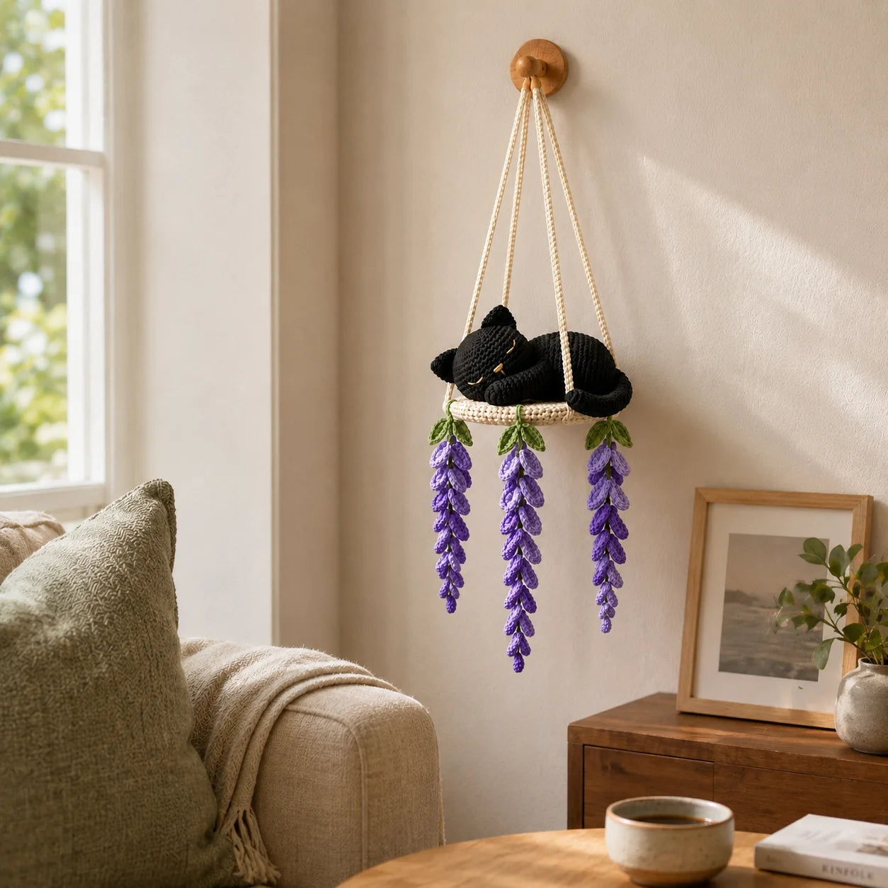 Midnight Lavender Dream - Crochet Black Cat Wisteria Swing Decor