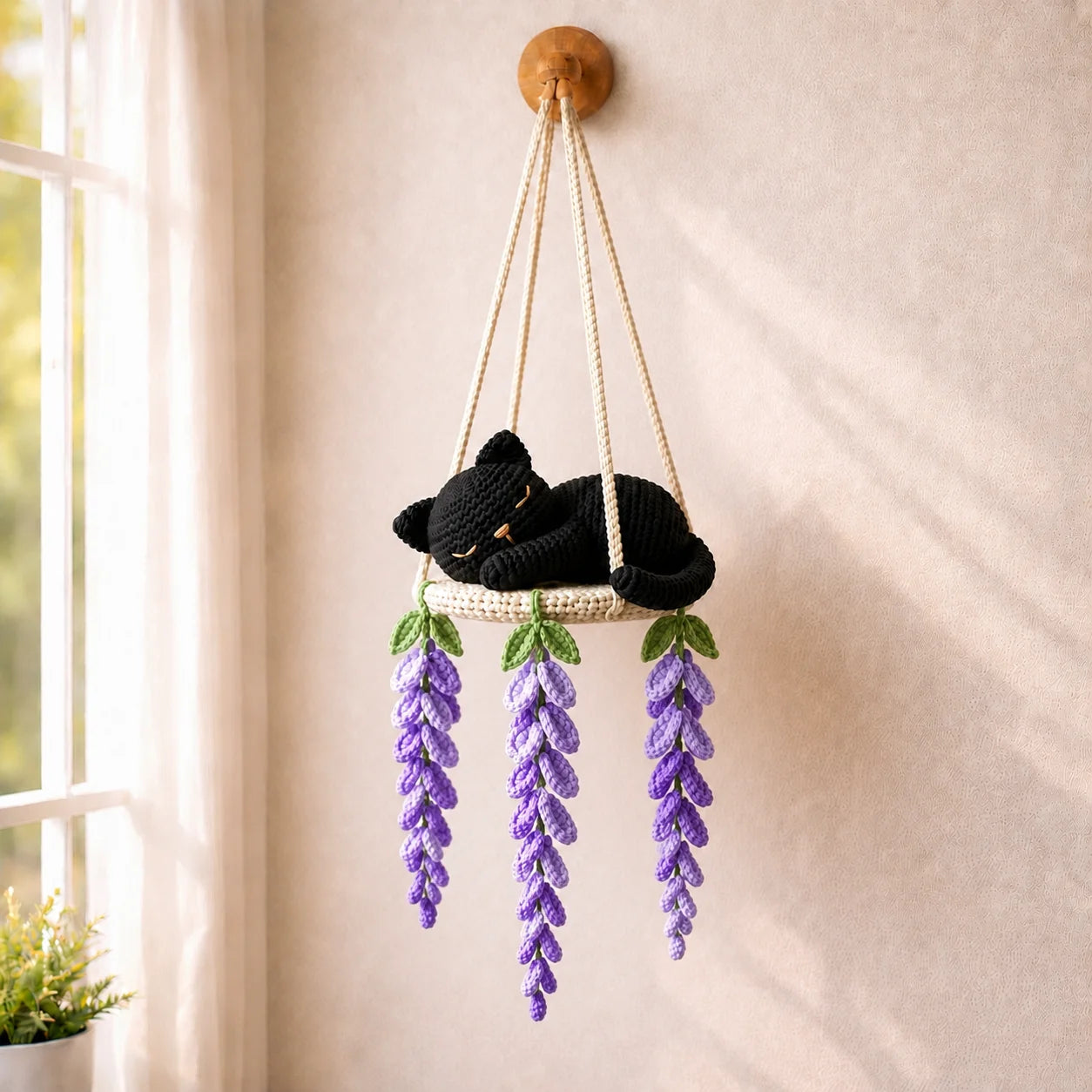 Midnight Lavender Dream - Crochet Black Cat Wisteria Swing Decor