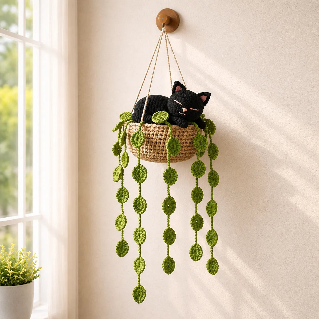 Midnight Leaf Nap - Handmade Crochet Black Cat Hanging Basket