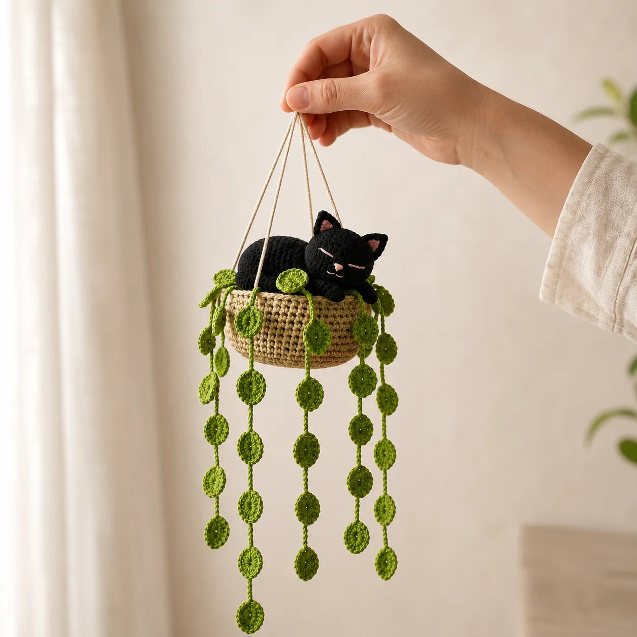 Midnight Leaf Nap - Handmade Crochet Black Cat Hanging Basket