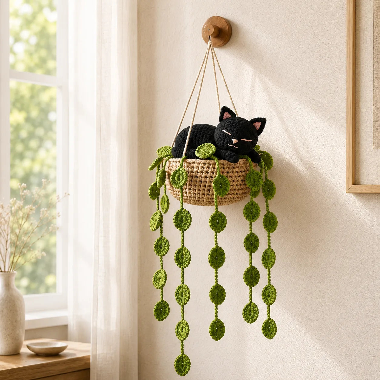 Midnight Leaf Nap - Handmade Crochet Black Cat Hanging Basket