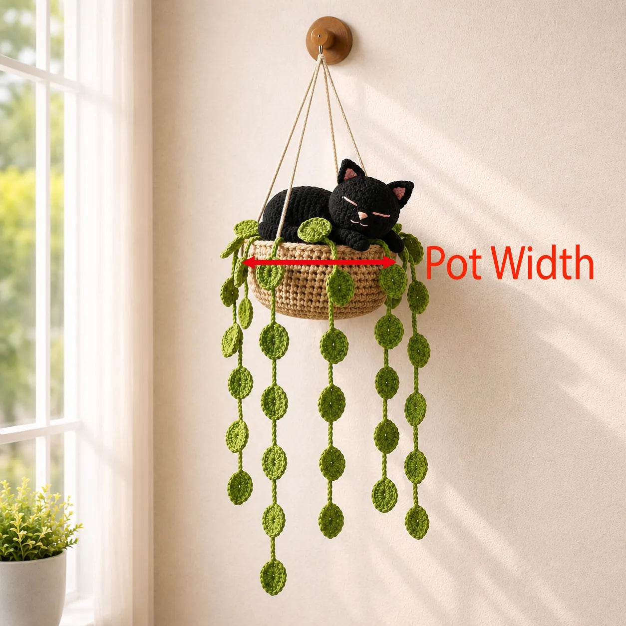 Midnight Leaf Nap - Handmade Crochet Black Cat Hanging Basket