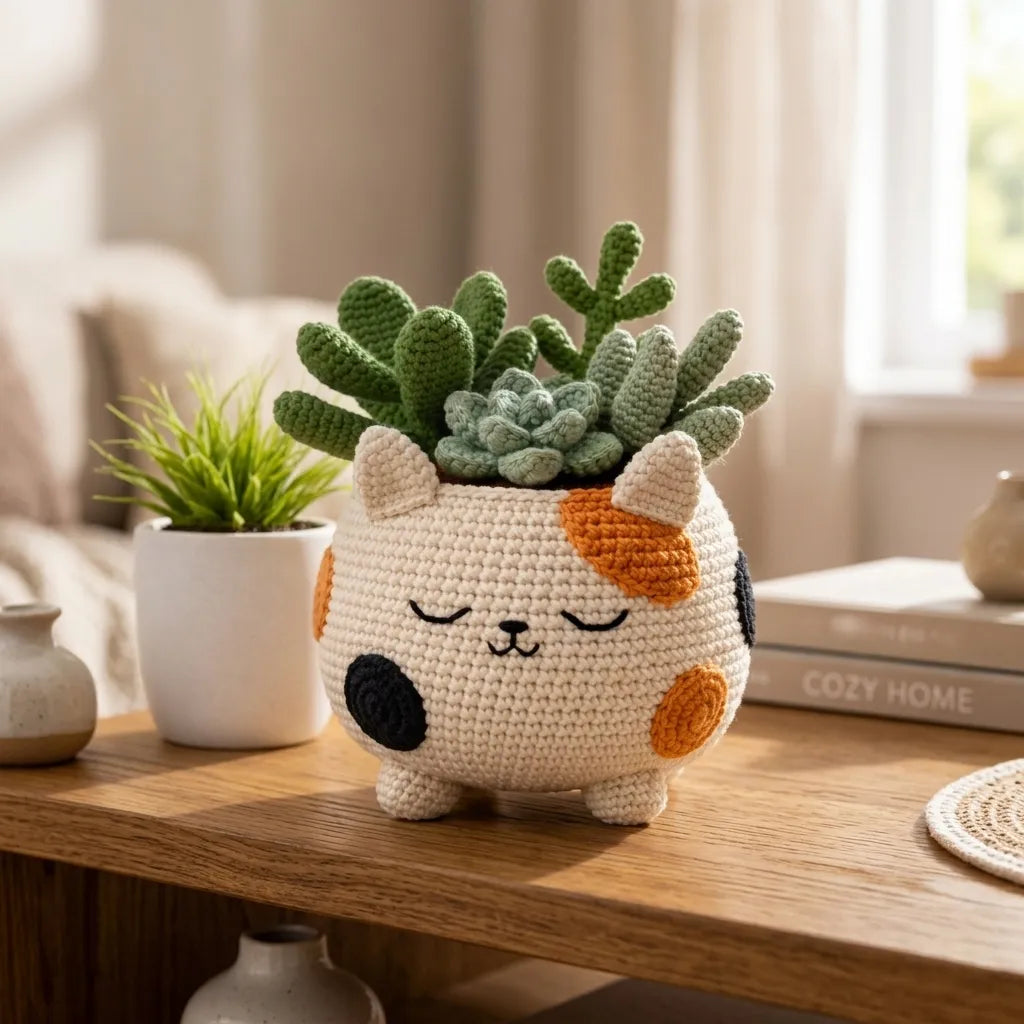 Sunbeam Garden Dreamer - Crochet Calico Cat Planter