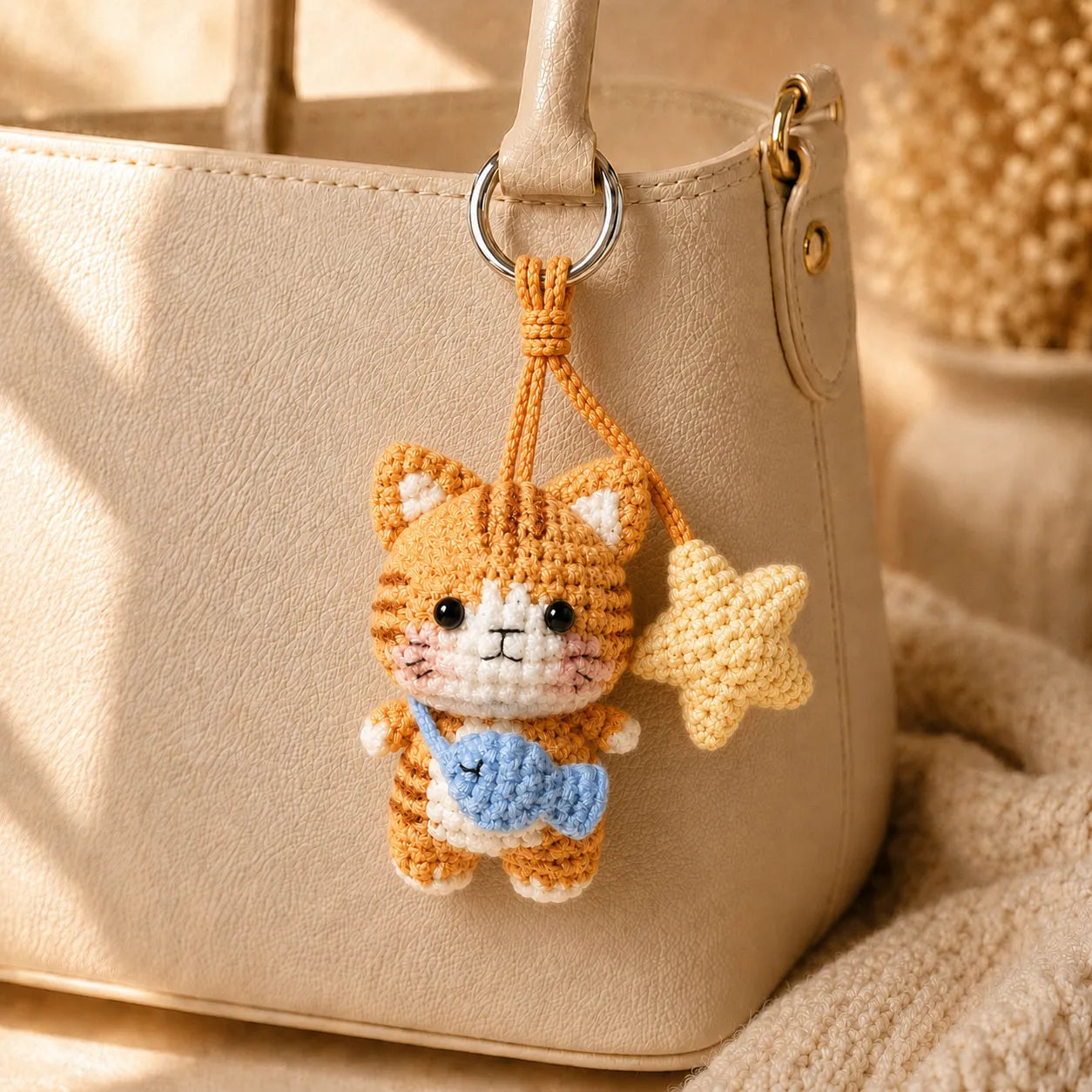 Star Catch Kitty - Handmade Crochet Cat Fish Star Bag Charm