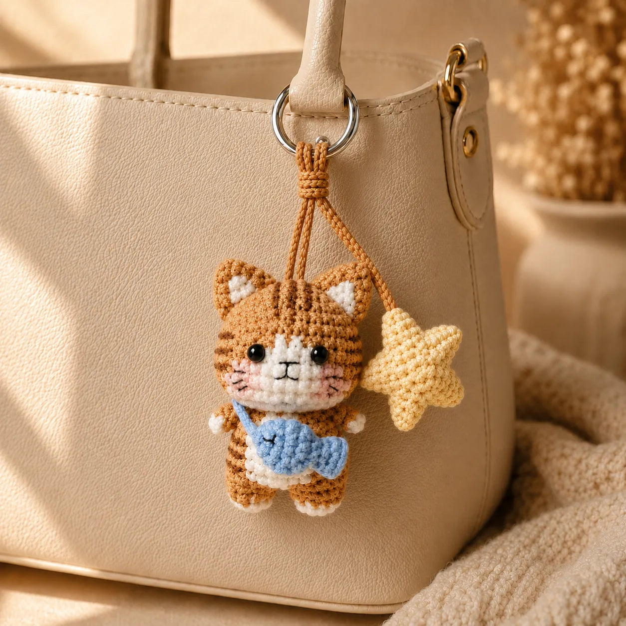 Star Catch Kitty - Handmade Crochet Cat Fish Star Bag Charm