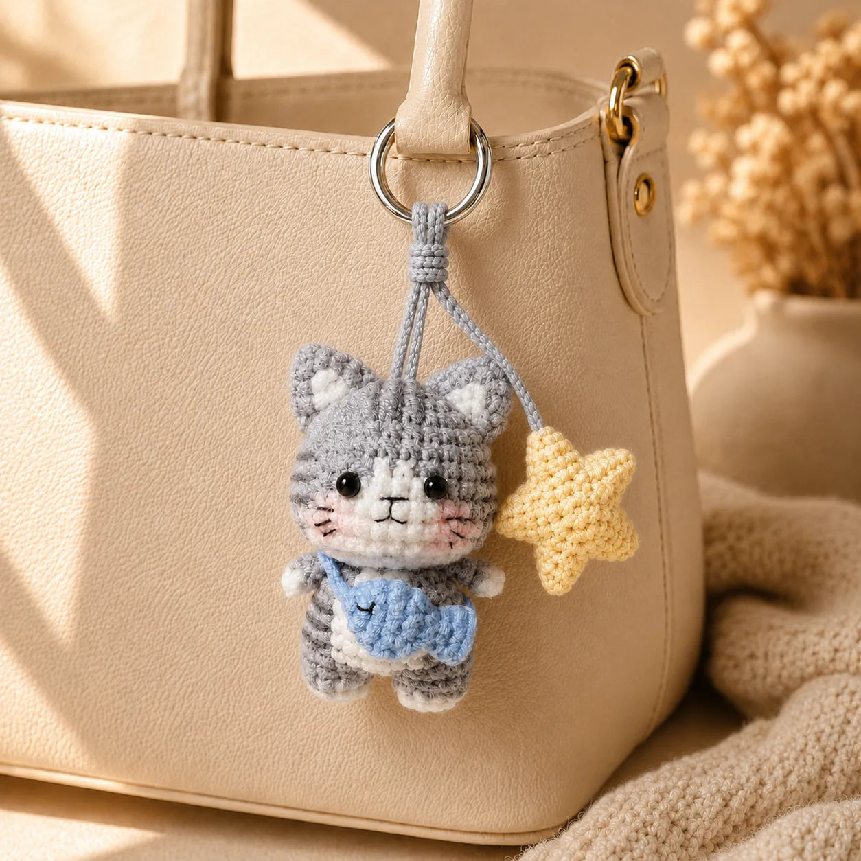 Star Catch Kitty - Handmade Crochet Cat Fish Star Bag Charm