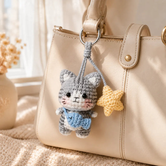 Star Catch Kitty - Handmade Crochet Cat Fish Star Bag Charm