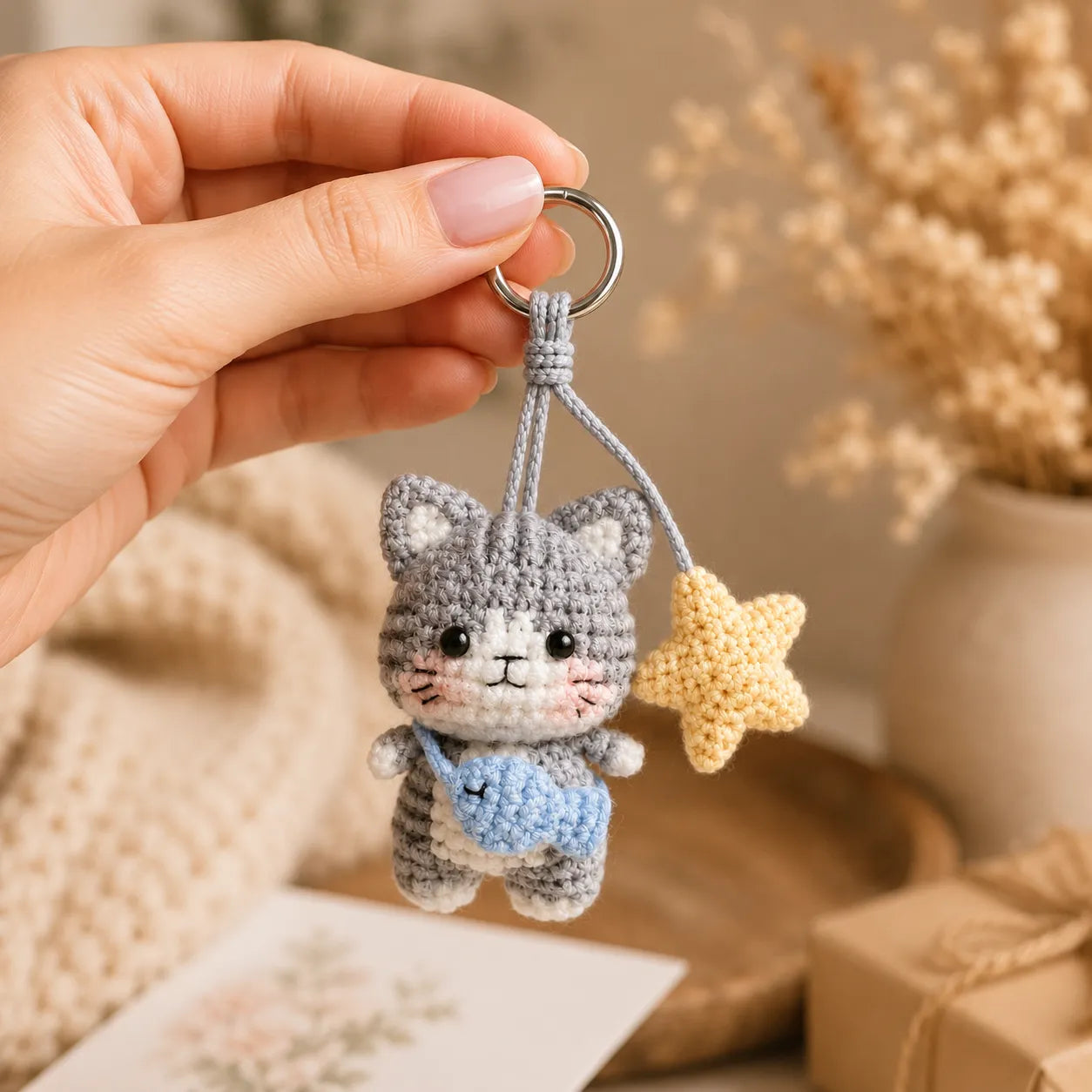 Star Catch Kitty - Handmade Crochet Cat Fish Star Bag Charm