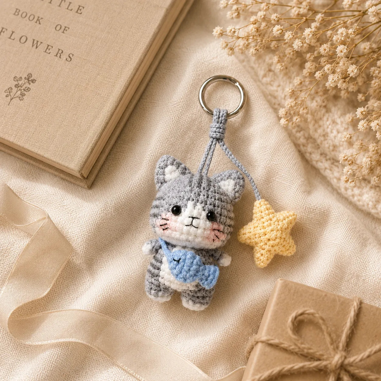 Star Catch Kitty - Handmade Crochet Cat Fish Star Bag Charm