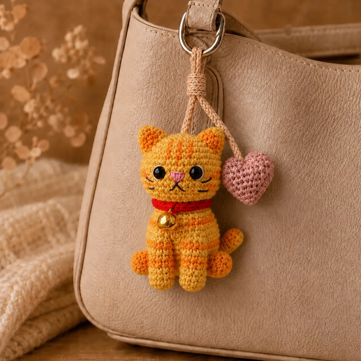 Lucky Heart Kitty - Handmade Crochet Cat Heart Bag Charm