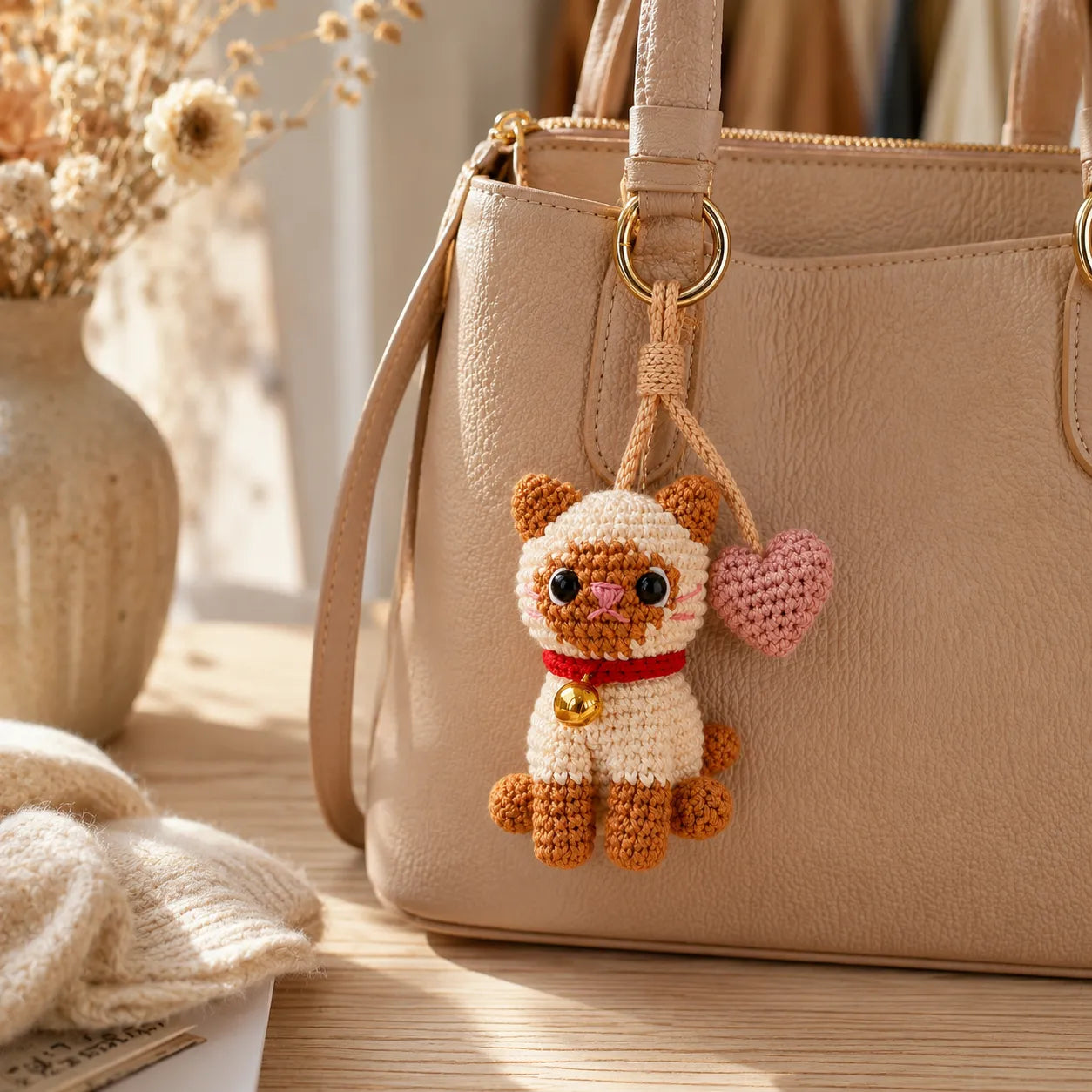Lucky Heart Kitty - Handmade Crochet Cat Heart Bag Charm