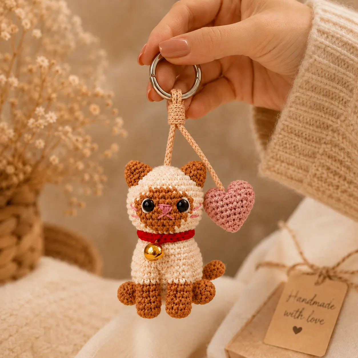 Lucky Heart Kitty - Handmade Crochet Cat Heart Bag Charm