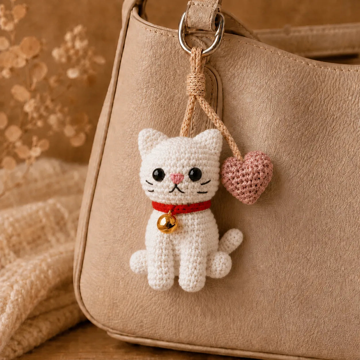 Lucky Heart Kitty - Handmade Crochet Cat Heart Bag Charm