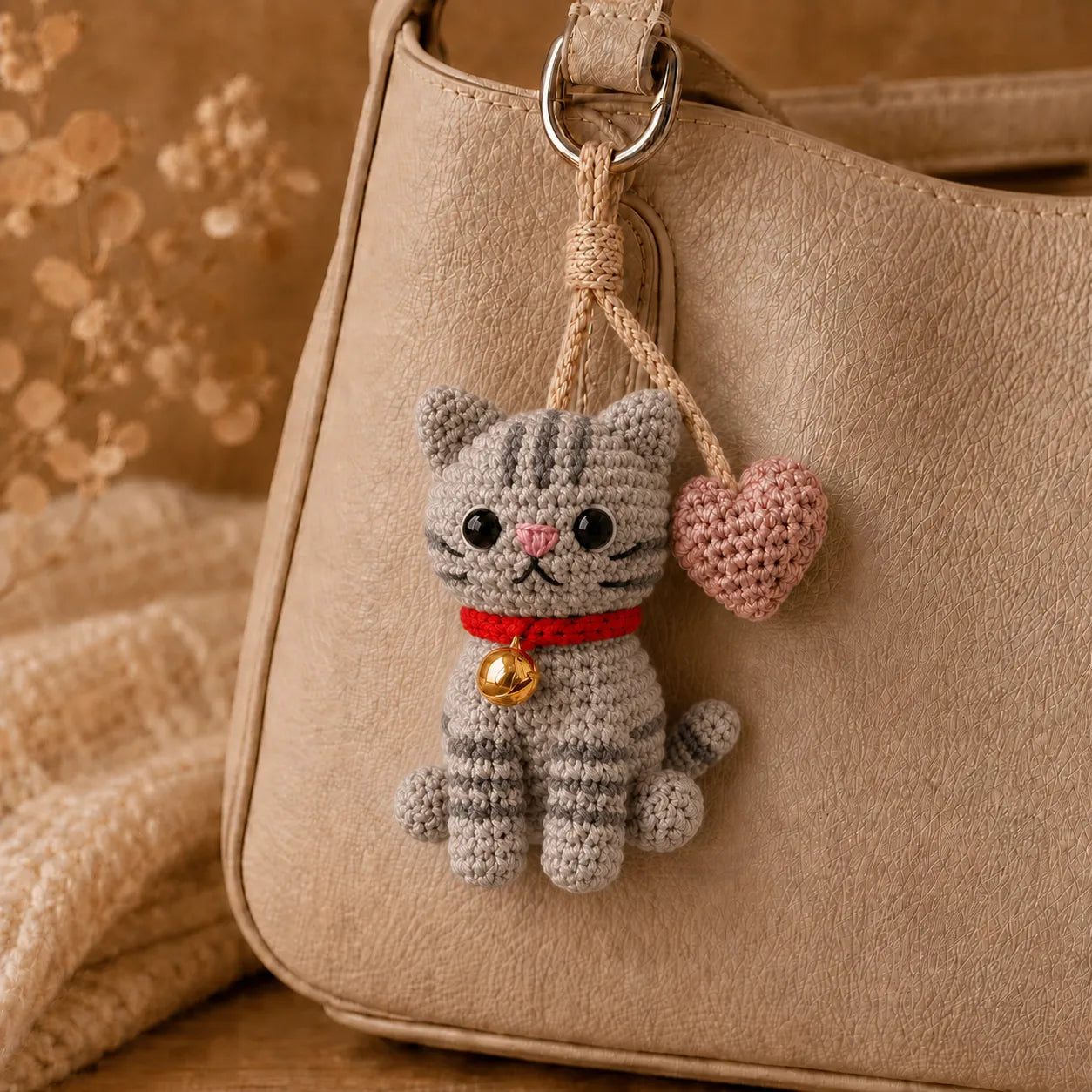 Lucky Heart Kitty - Handmade Crochet Cat Heart Bag Charm