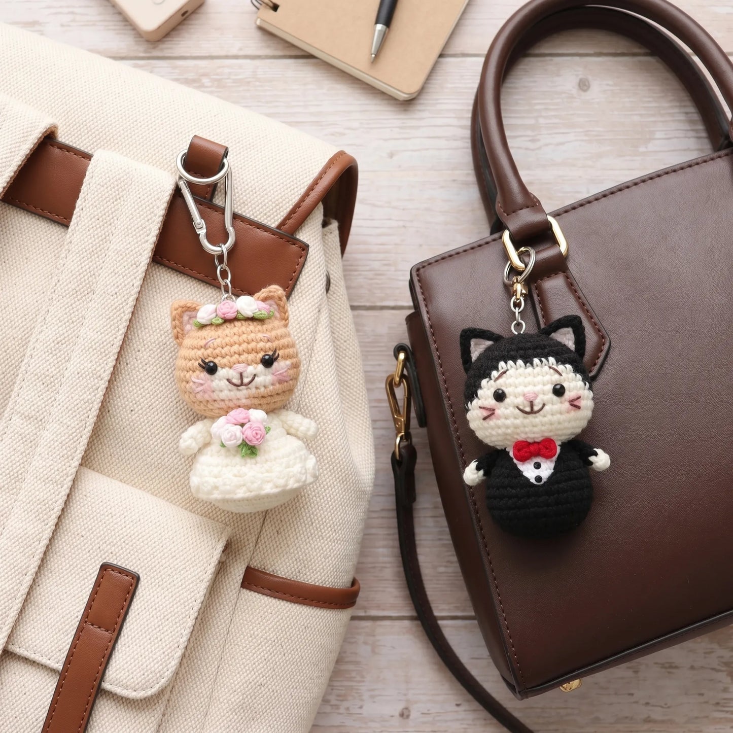 Forever Tiny Vows - Handmade Crochet Wedding Cat Keychain Set