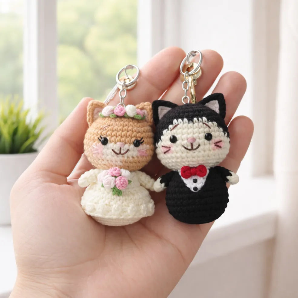 Forever Tiny Vows - Handmade Crochet Wedding Cat Keychain Set