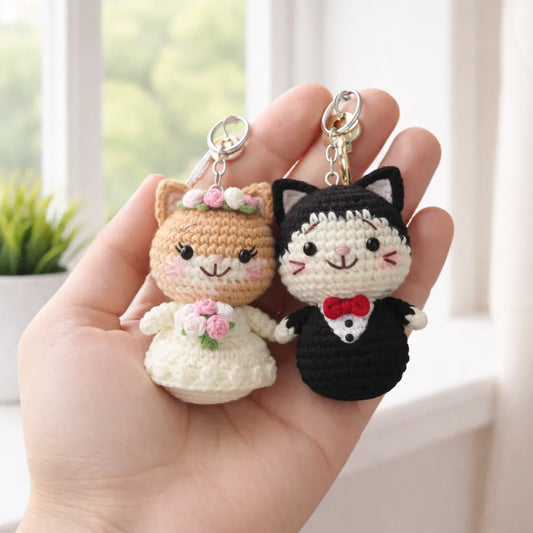 Forever Tiny Vows - Handmade Crochet Wedding Cat Keychain Set