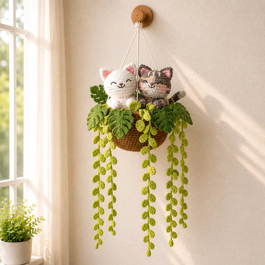 Side by Side Whiskers - Handmade Crochet Cat Duo Basket