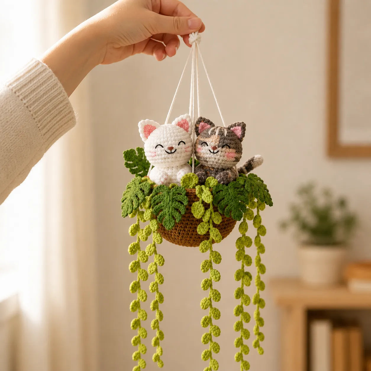 Side by Side Whiskers - Handmade Crochet Cat Duo Basket