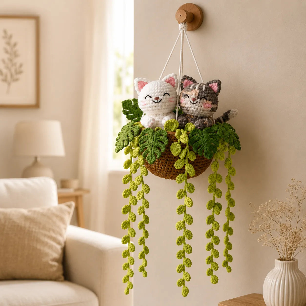 Side by Side Whiskers - Handmade Crochet Cat Duo Basket