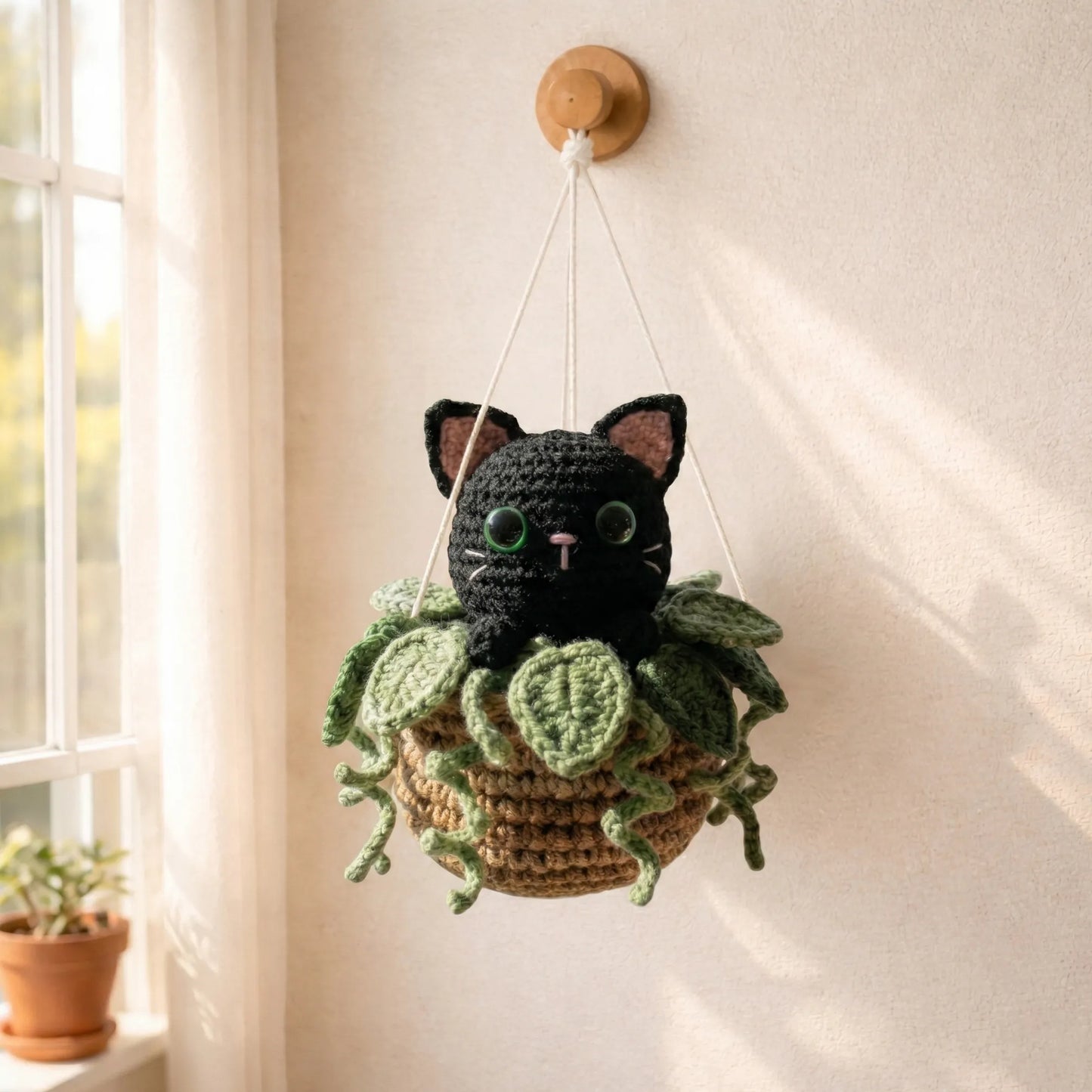 Handmade Crochet Black Cat Hanging Basket - Curious Midnight Kitty