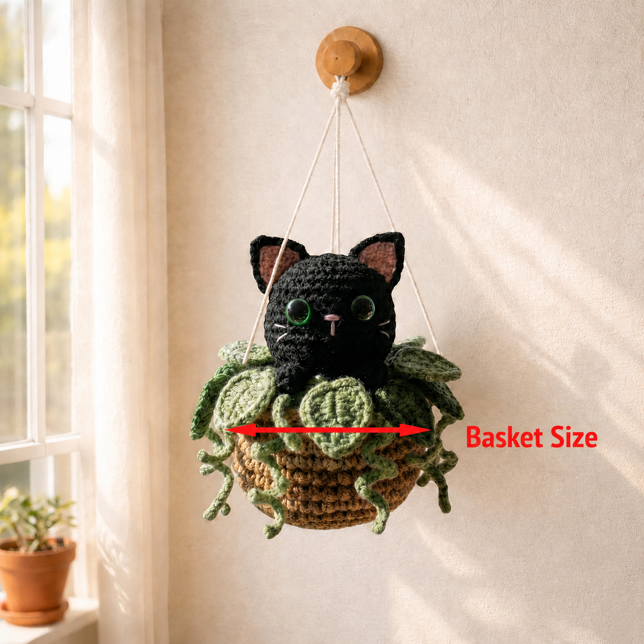 Handmade Crochet Black Cat Hanging Basket - Curious Midnight Kitty