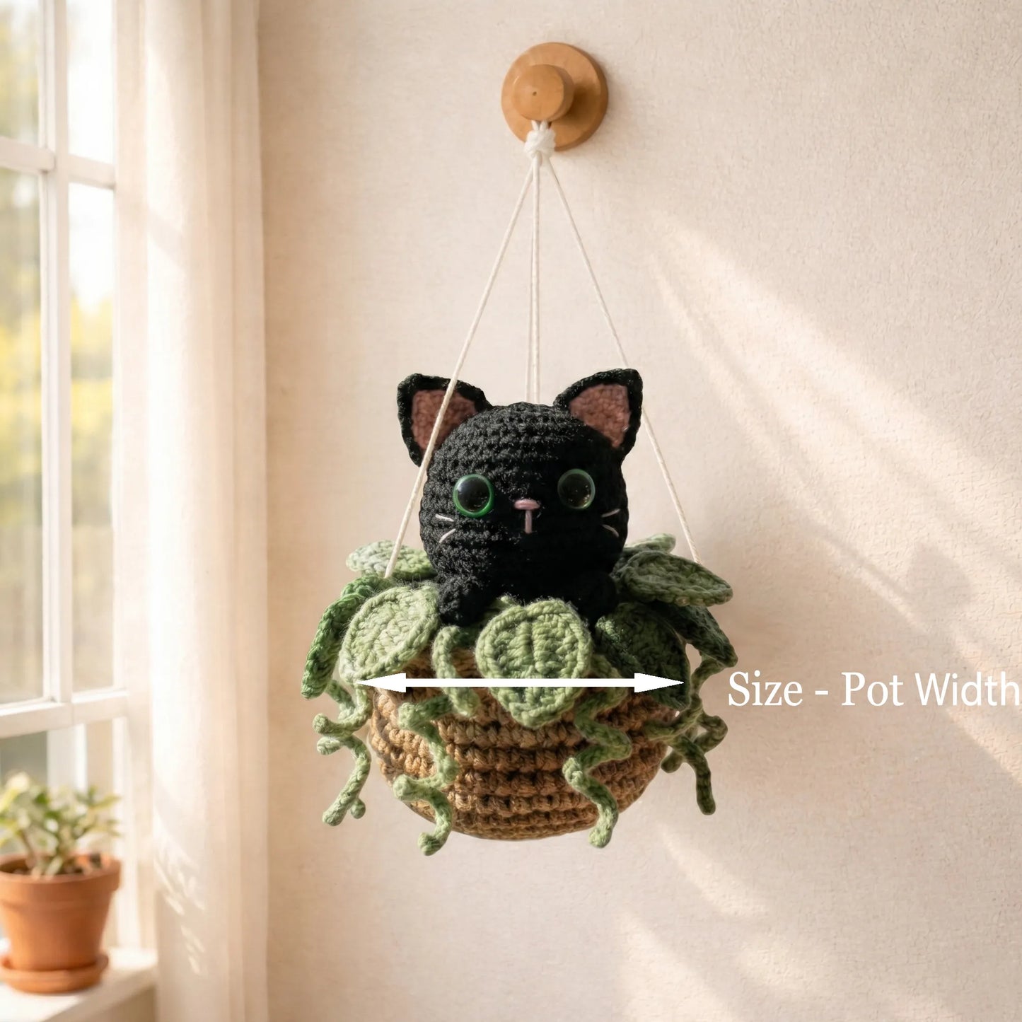 Handmade Crochet Black Cat Hanging Basket - Curious Midnight Kitty