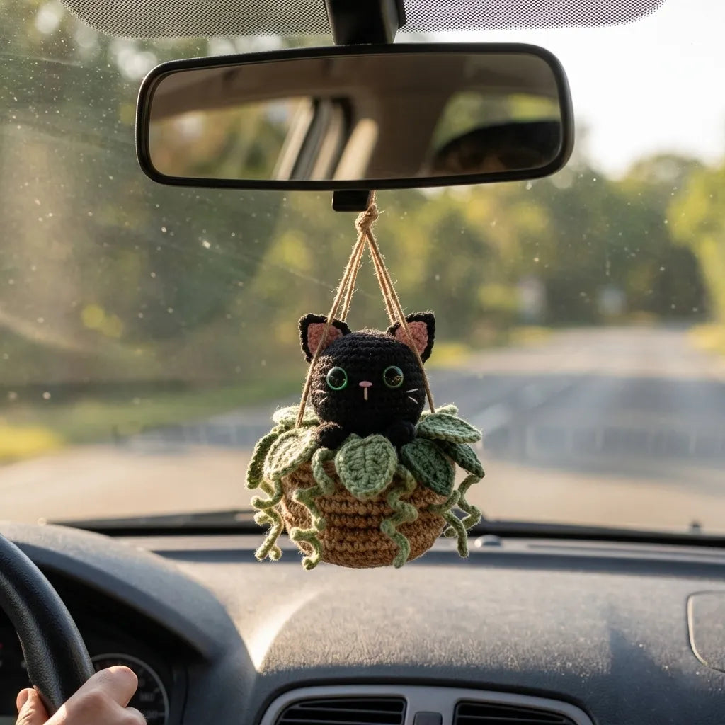 Handmade Crochet Black Cat Hanging Basket - Curious Midnight Kitty