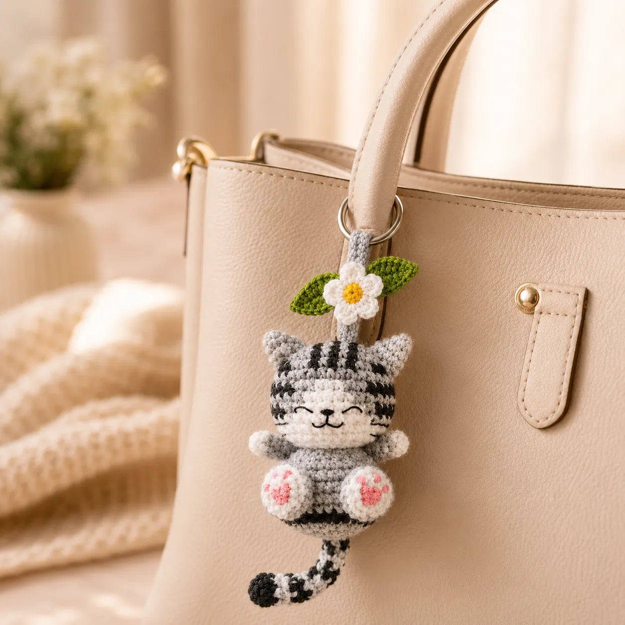 Daisy Pocket Kitty - Handmade Crochet Cat Flower Bag Charm