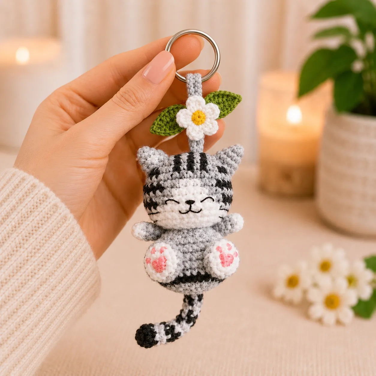 Daisy Pocket Kitty - Handmade Crochet Cat Flower Bag Charm
