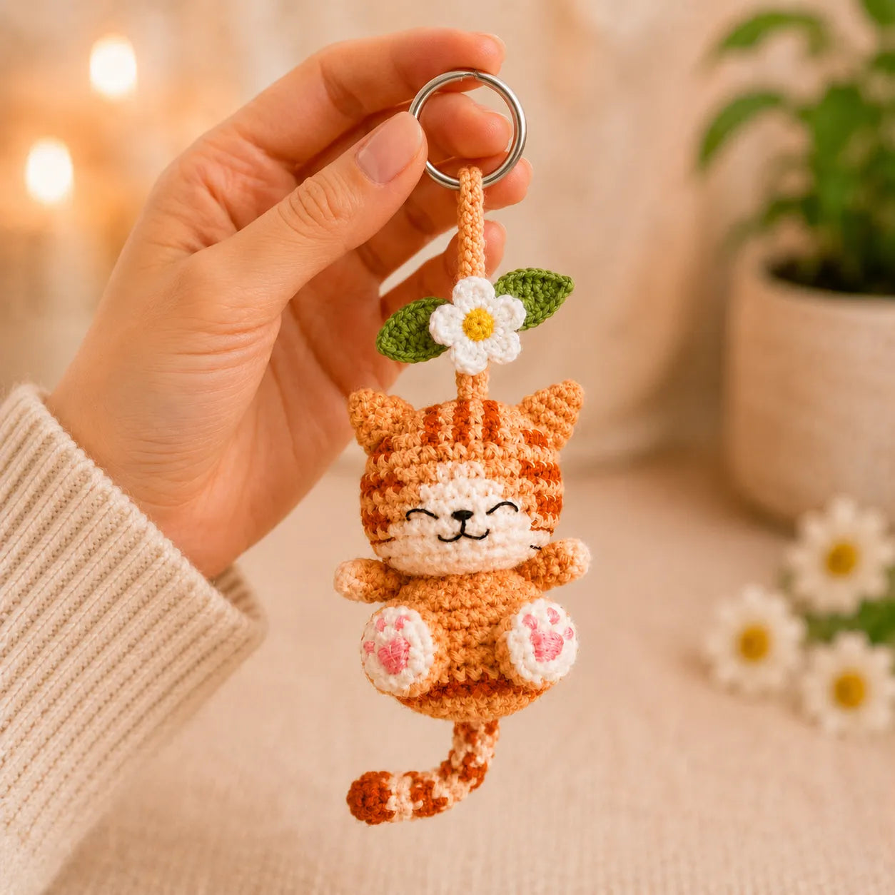 Daisy Pocket Kitty - Handmade Crochet Cat Flower Bag Charm