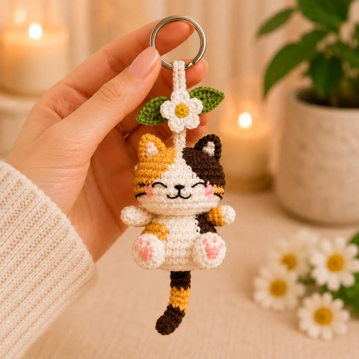 Daisy Pocket Kitty - Handmade Crochet Cat Flower Bag Charm