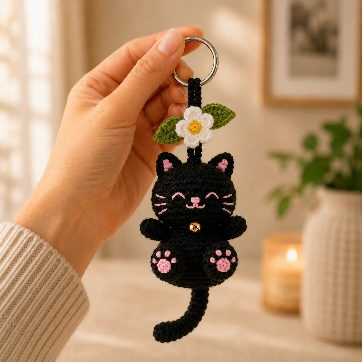 Daisy Pocket Kitty - Handmade Crochet Cat Flower Bag Charm