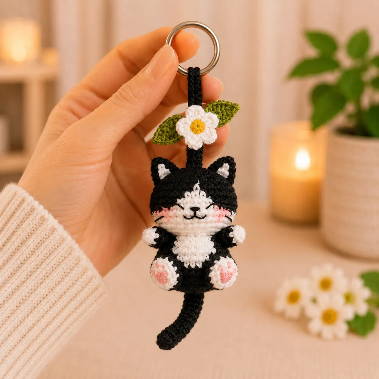 Daisy Pocket Kitty - Handmade Crochet Cat Flower Bag Charm