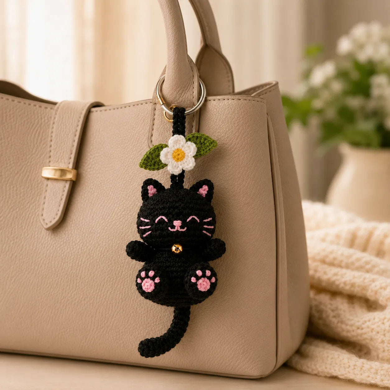 Daisy Pocket Kitty - Handmade Crochet Cat Flower Bag Charm