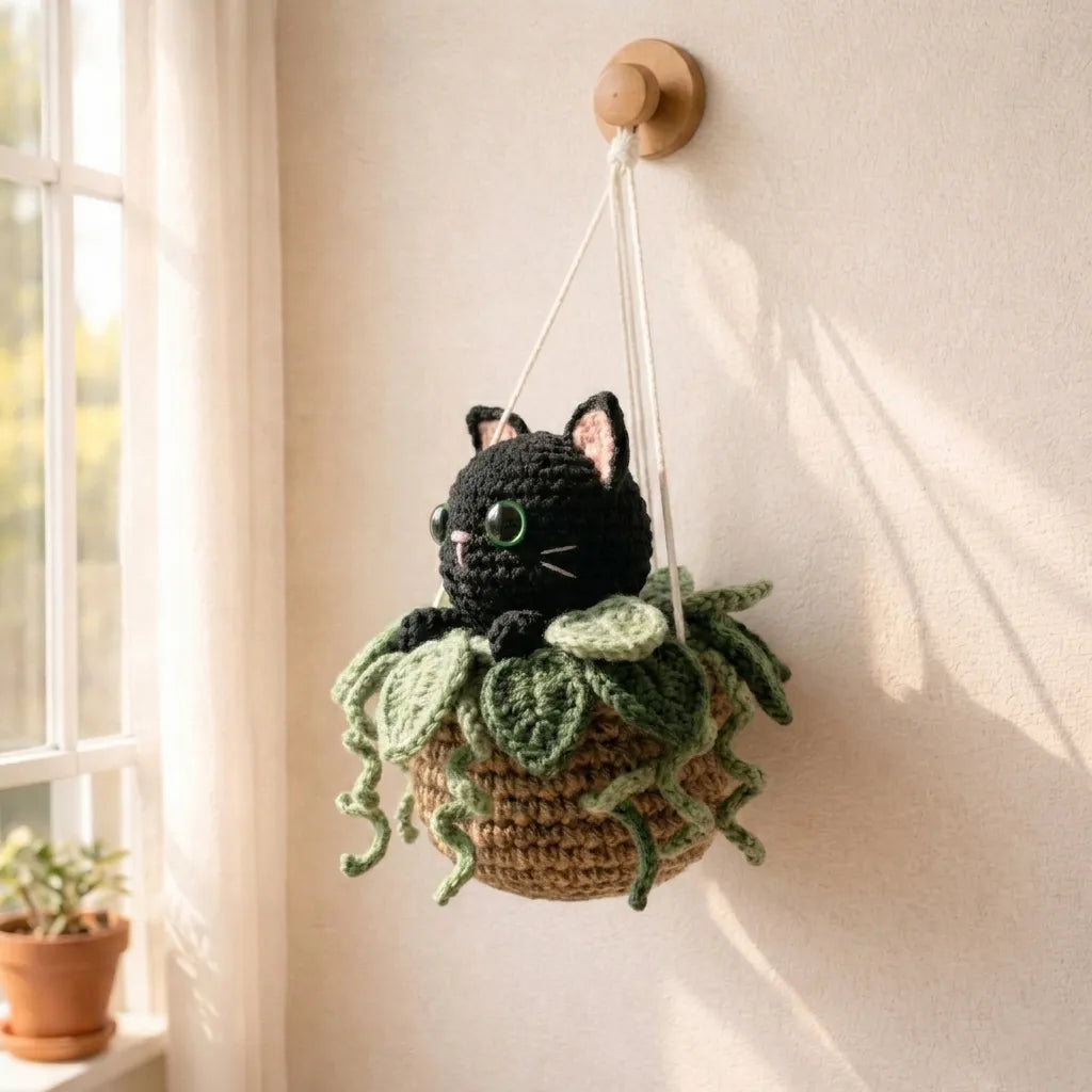 Handmade Crochet Black Cat Hanging Basket - Curious Midnight Kitty