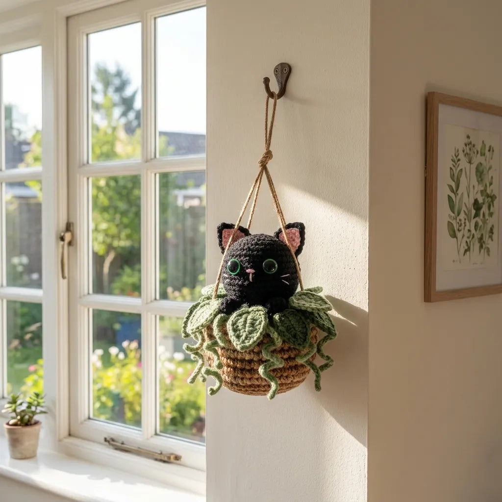 Handmade Crochet Black Cat Hanging Basket - Curious Midnight Kitty