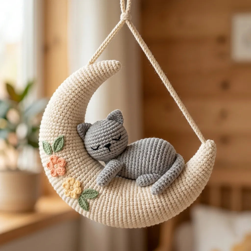 Soft Dreamer Cat - Handmade Crochet Grey Cat Decor