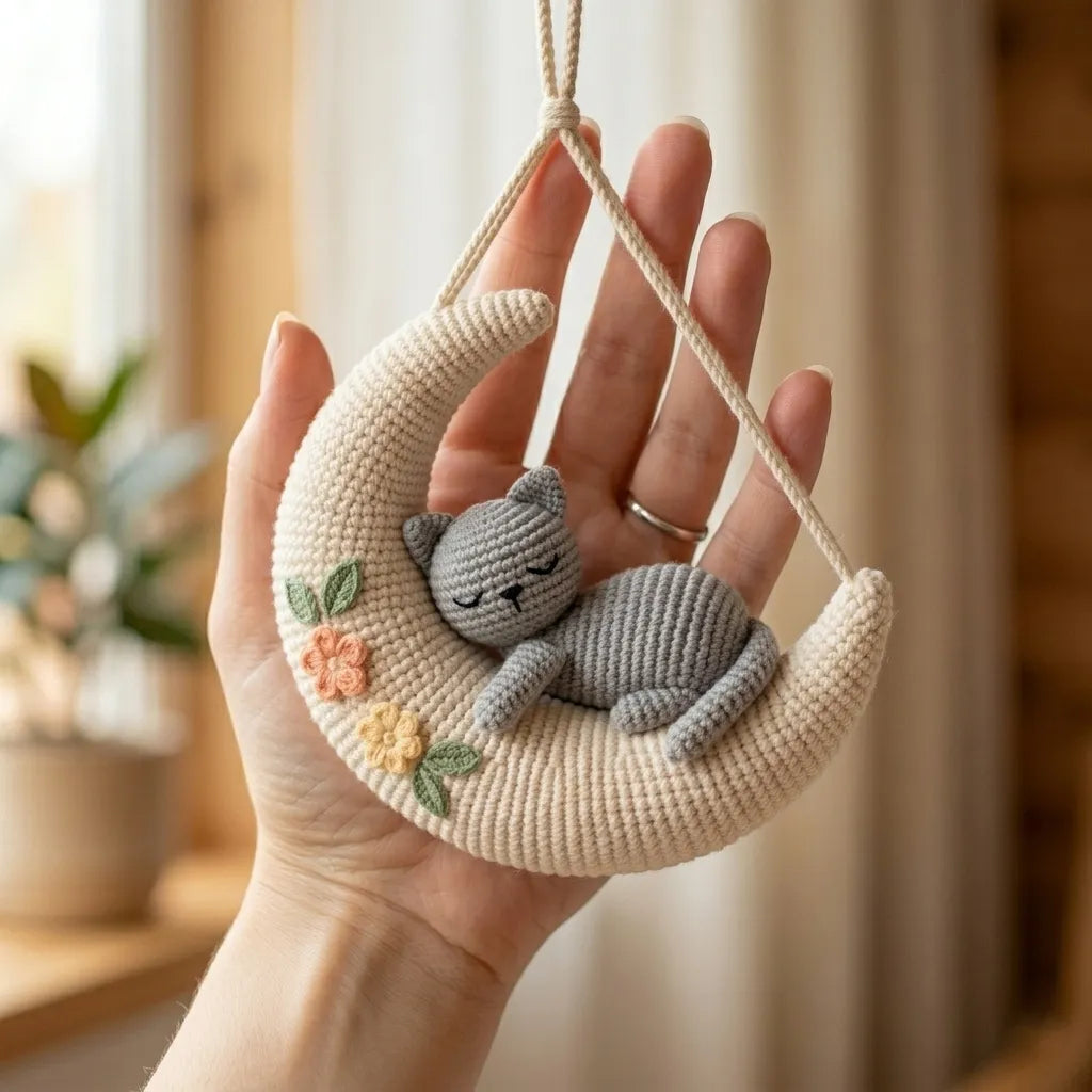 Soft Dreamer Cat - Handmade Crochet Grey Cat Decor