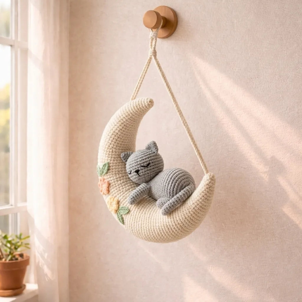 Soft Dreamer Cat - Handmade Crochet Grey Cat Decor