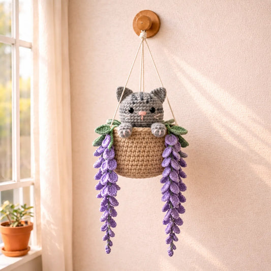 Misty Little Button - Handmade Crochet Gray Tabby Cat Basket