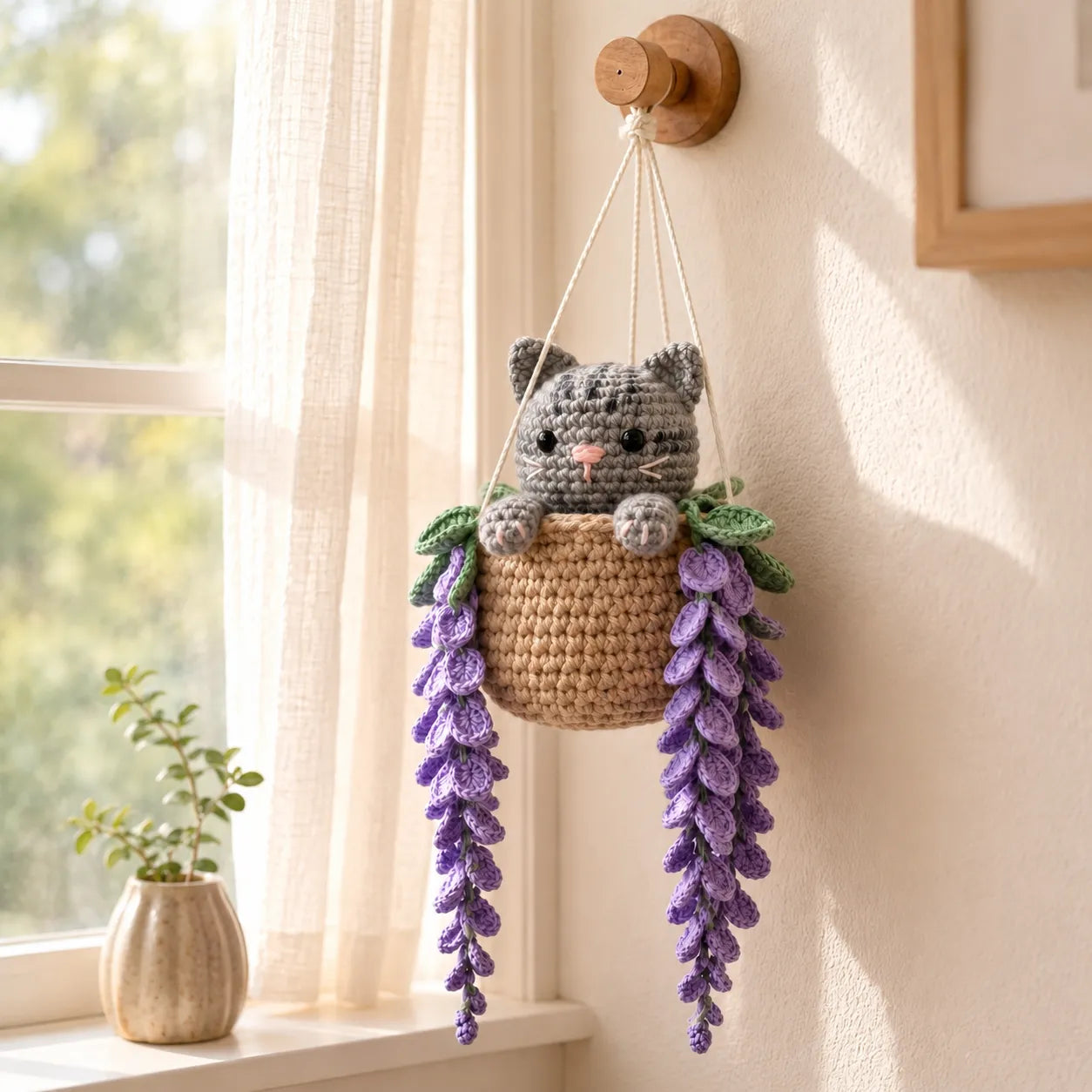 Misty Little Button - Handmade Crochet Gray Tabby Cat Basket
