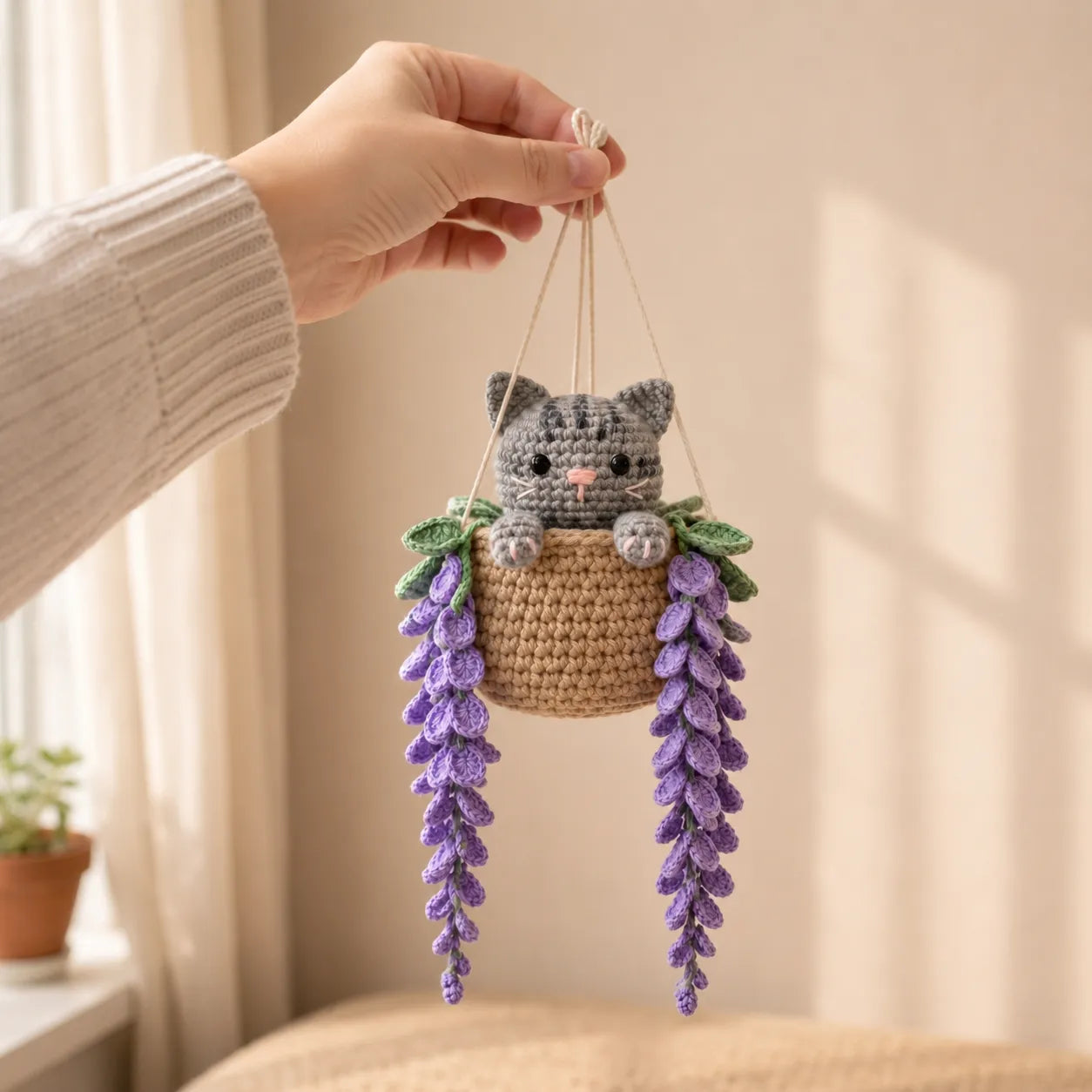 Misty Little Button - Handmade Crochet Gray Tabby Cat Basket