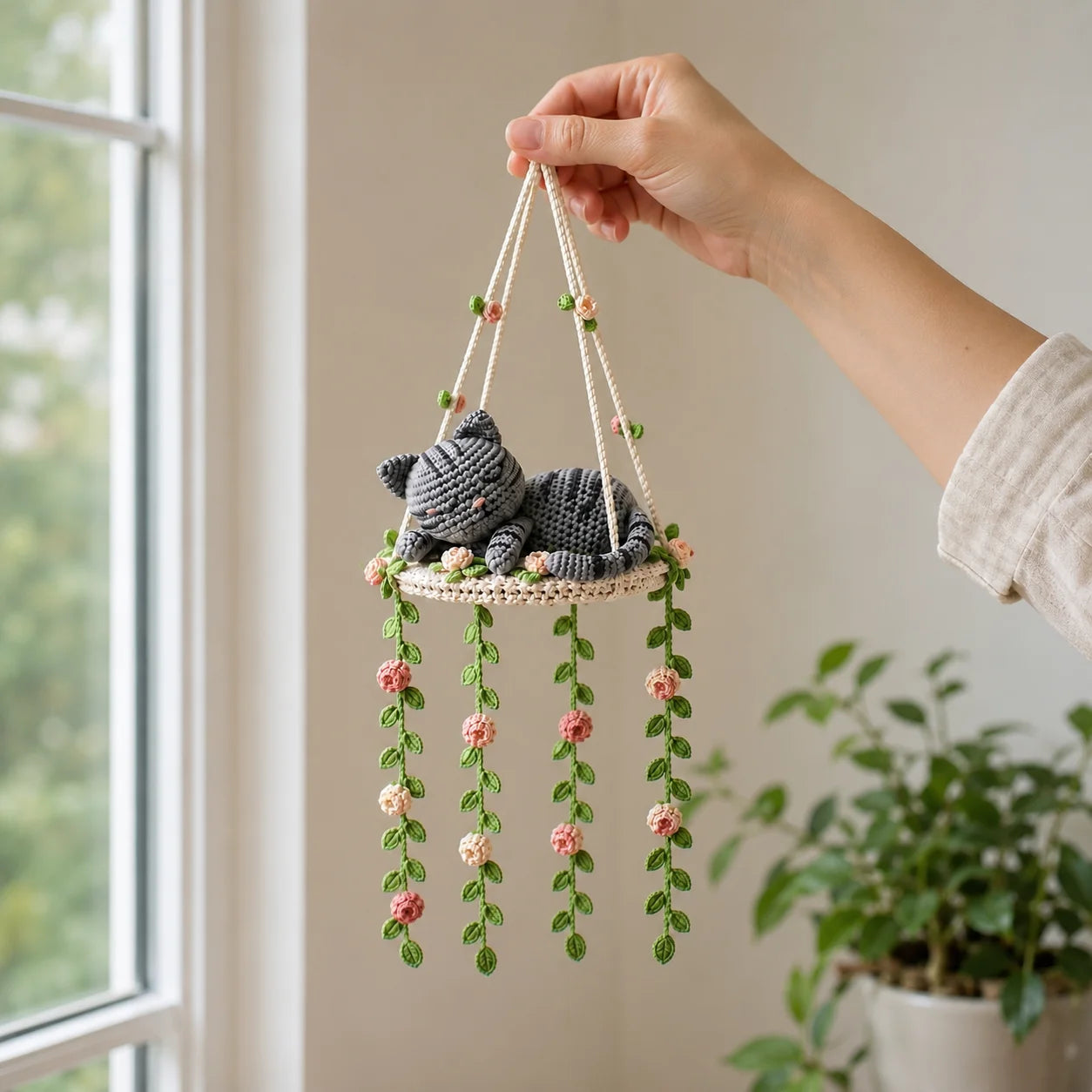Sleeping Rose Dreamer - Silverstripe Crochet Cat Swing