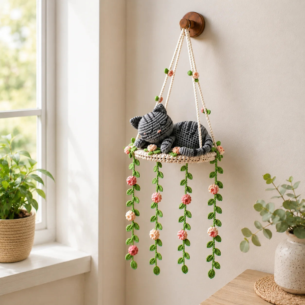 Sleeping Rose Dreamer - Silverstripe Crochet Cat Swing