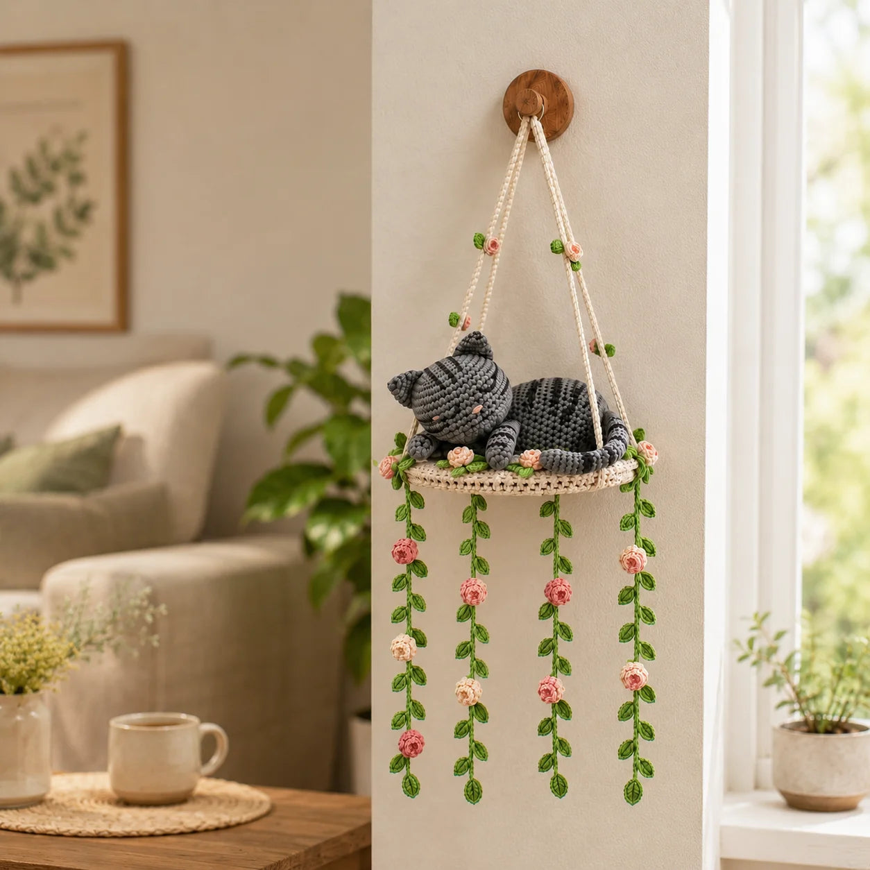 Sleeping Rose Dreamer - Silverstripe Crochet Cat Swing