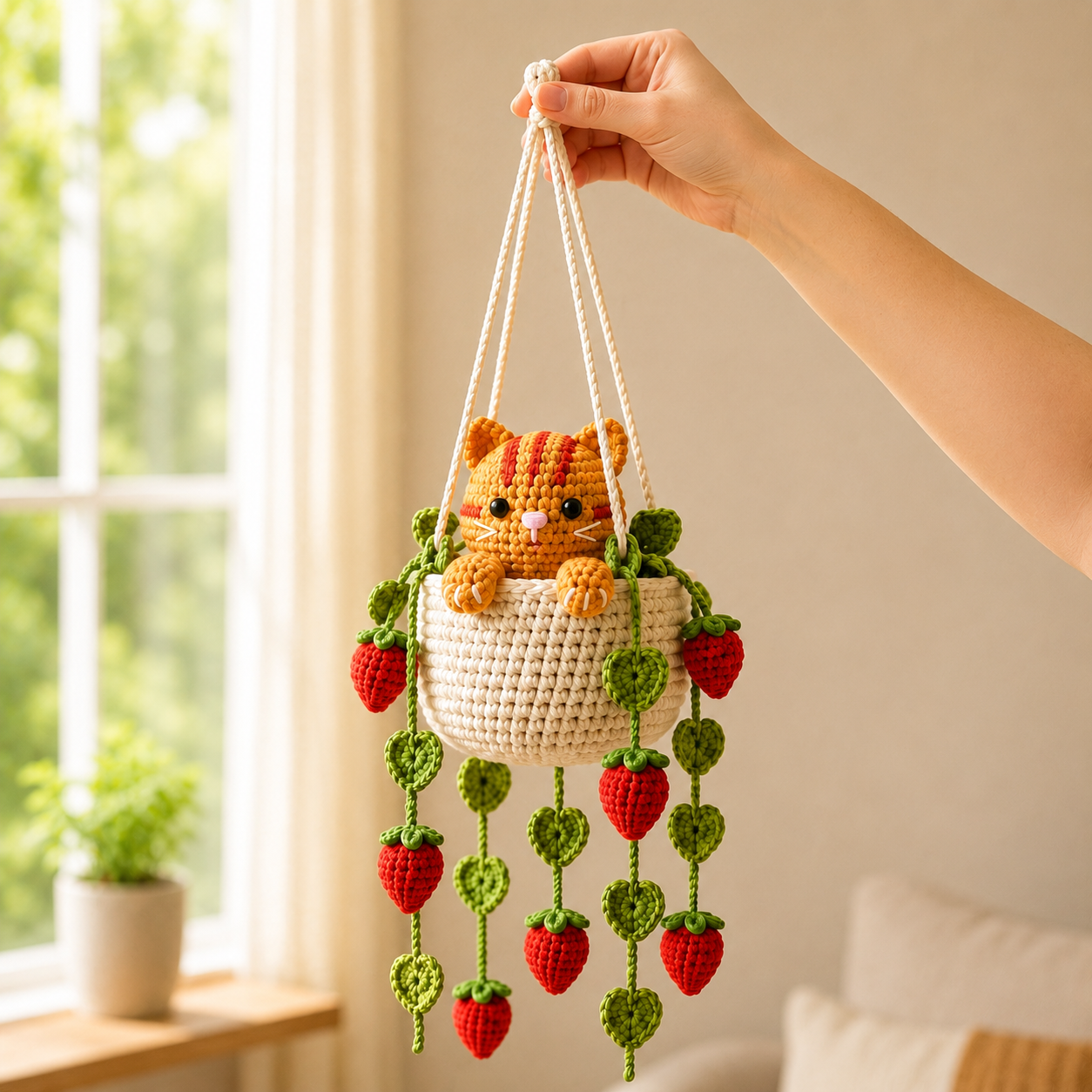 Sunny Strawberry Trouble - Orange Tabby Crochet Hanging Basket