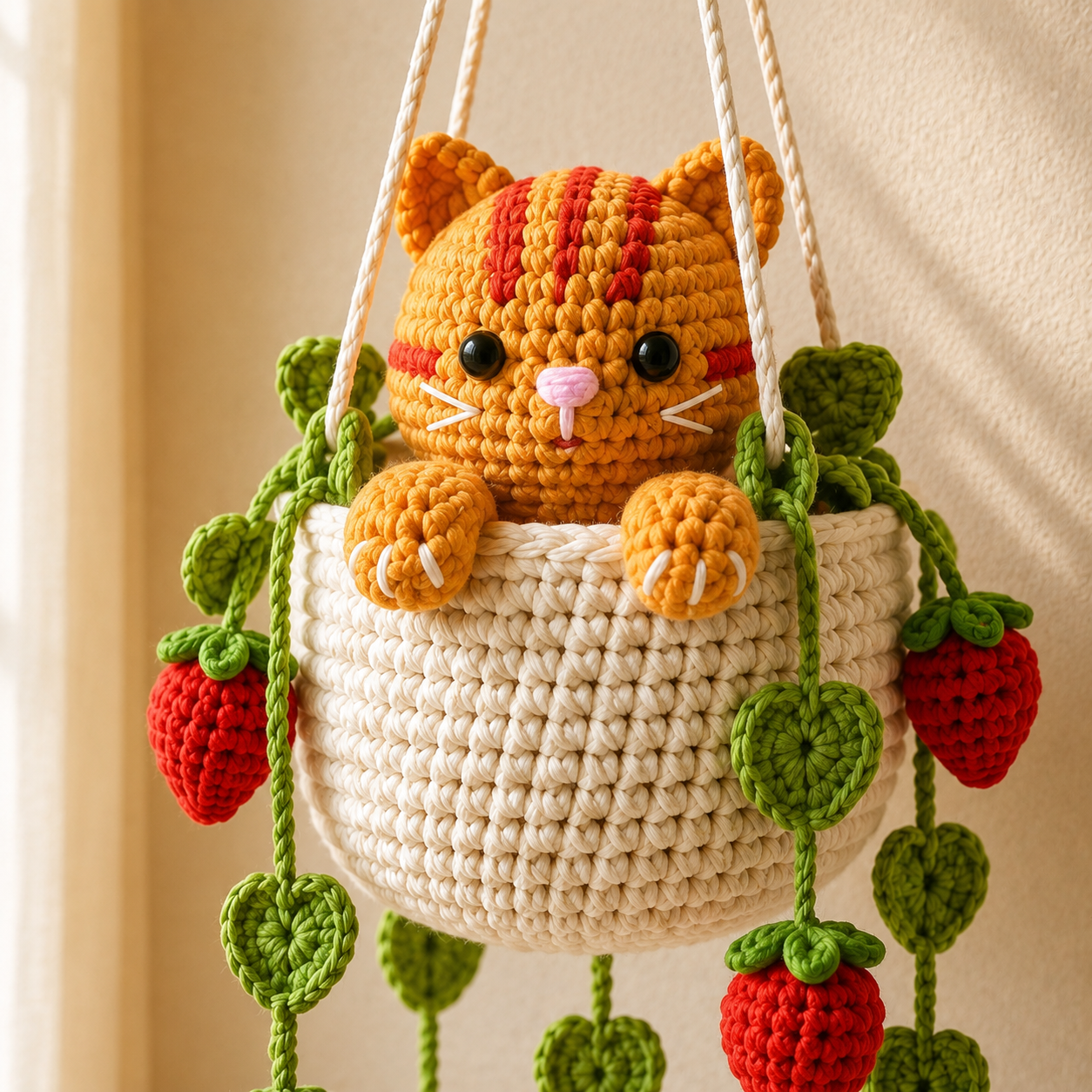 Sunny Strawberry Trouble - Orange Tabby Crochet Hanging Basket