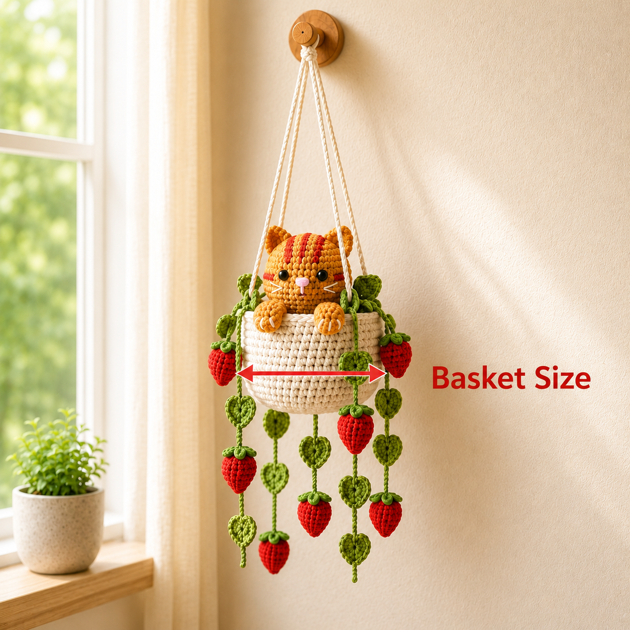 Sunny Strawberry Trouble - Orange Tabby Crochet Hanging Basket